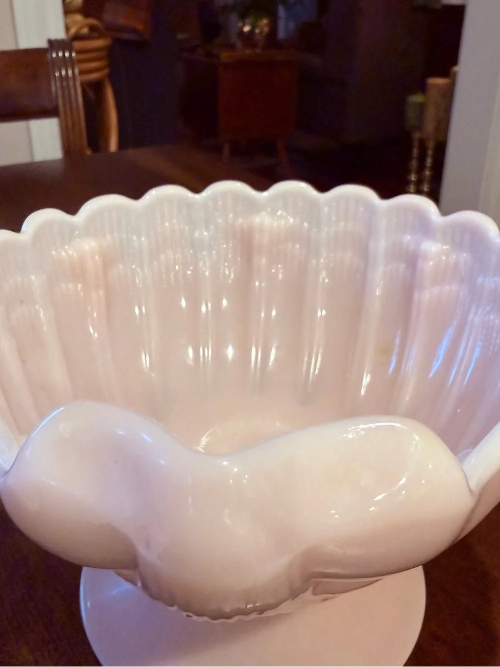 Vintage Cambridge Glass Co. Crown Tuscan seashell pedestal bowl Opalescent Pink
